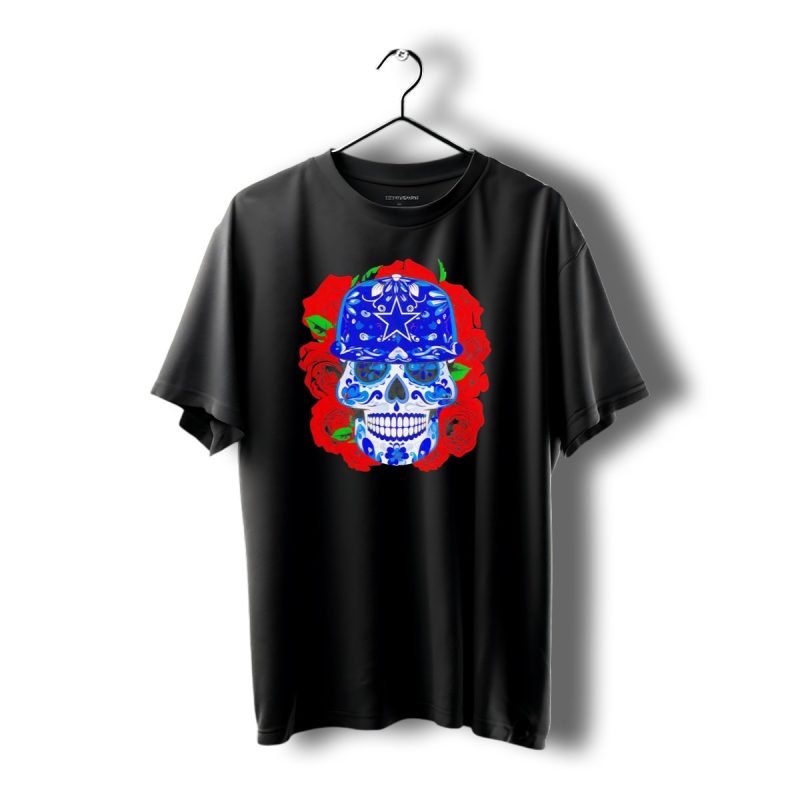 Dallas Cowboys Sugar Skull With Blue Star Hat And Roses T Shirt 1 T Shirt 1 1