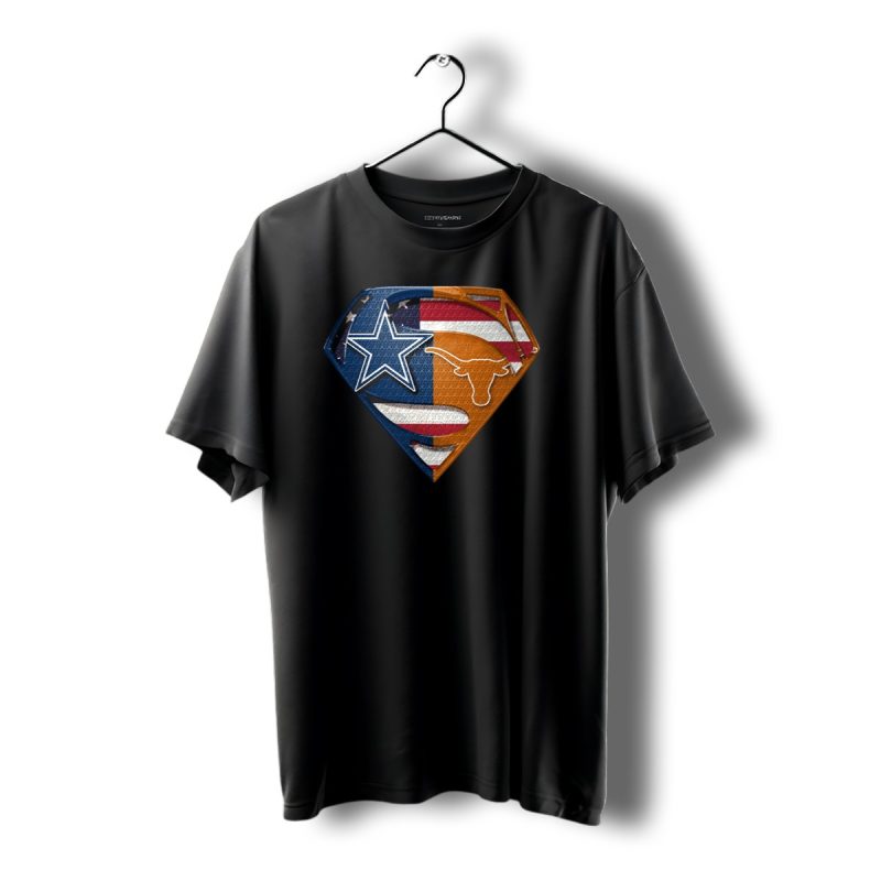 Dallas Cowboys Texas Longhorns Superman Shield American Flag Blend T Shirt 1 T Shirt 1 1