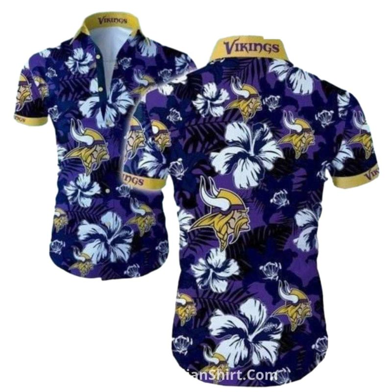 Dark Blue Tropical Hibiscus Minnesota Vikings Hawaiian Shirt 1