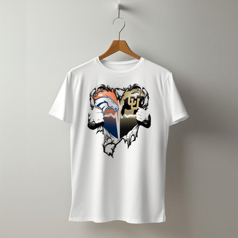 Denver Broncos And Colorado Buffaloes Heart Logo Rip T Shirt 1 T Shirt 1