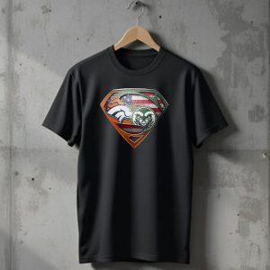 Denver Broncos And Colorado State Rams Superman Shield American Flag Montage T-Shirt