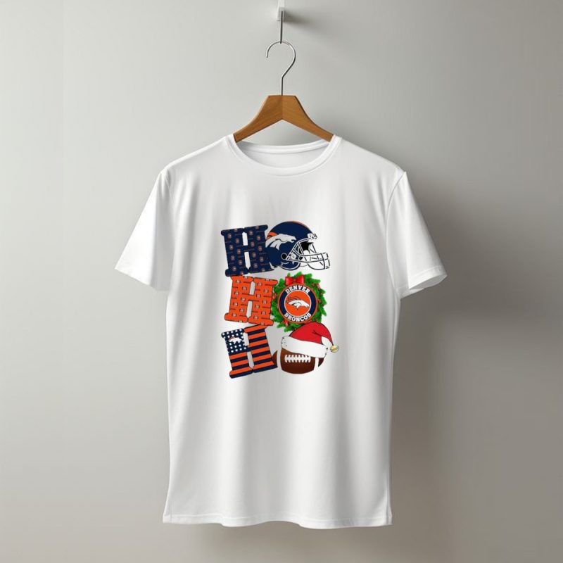 Denver Broncos Ho Ho Ho Merry Christmas Football Helmet Wreath Santa Hat Holiday T Shirt 1 T Shirt 1
