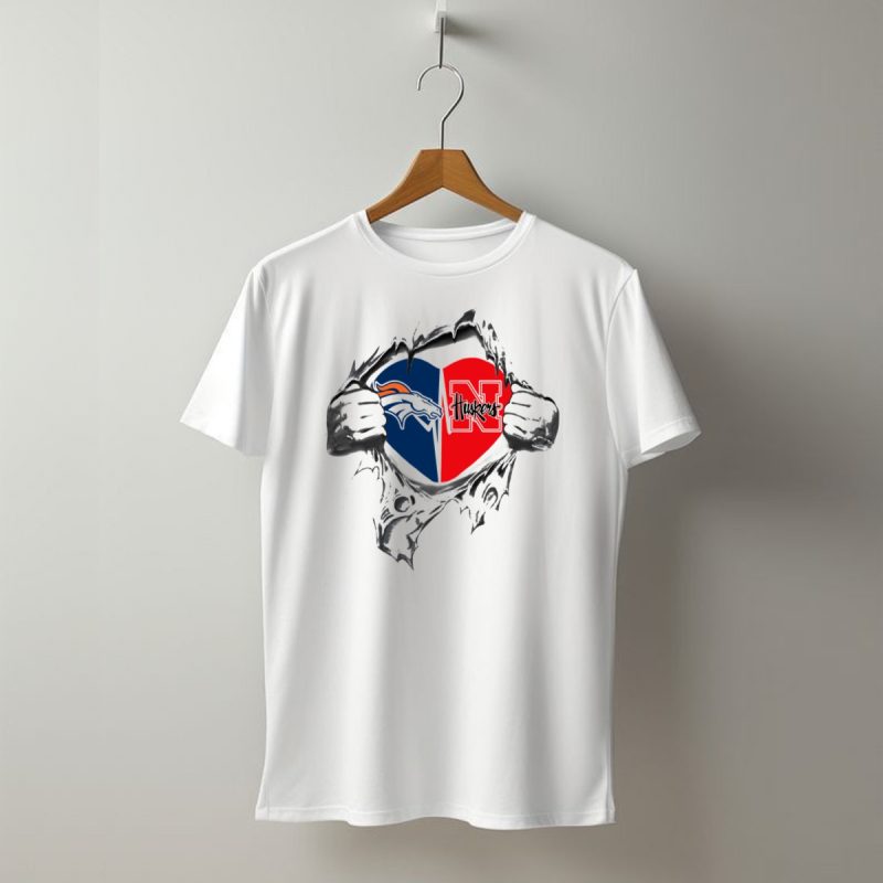 Denver Broncos Nebraska Cornhuskers Heart Symbol With Logo And Hands Peeling T Shirt 1 T Shirt 1