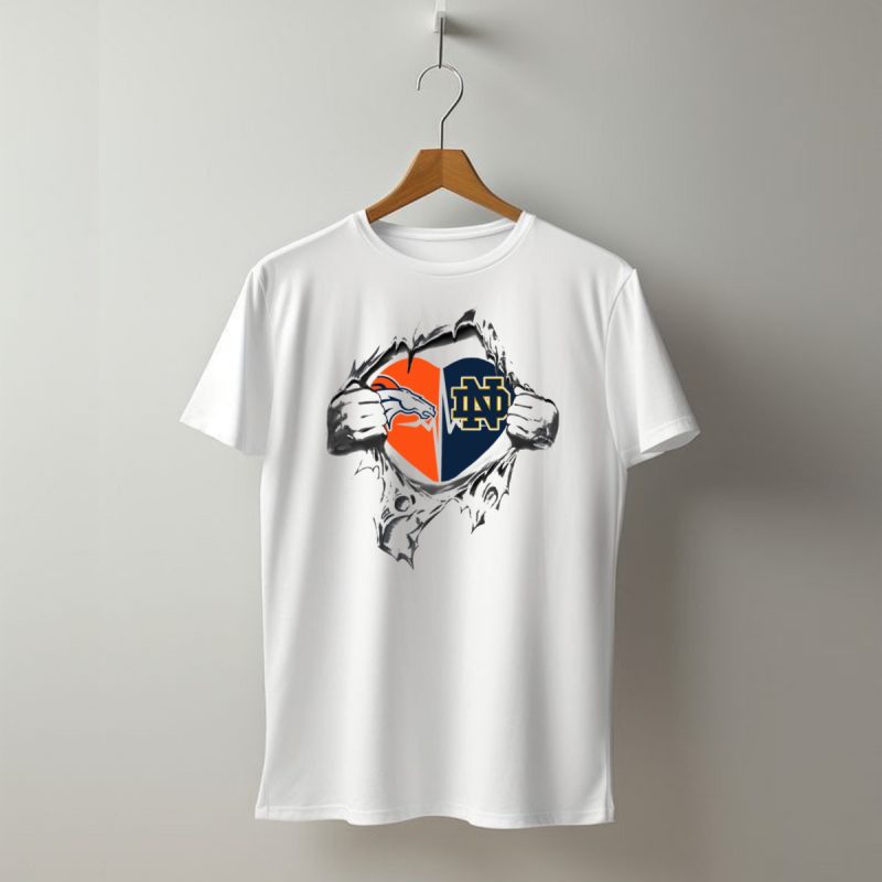 Denver Broncos Notre Dame Fighting Irish Heart Rip T Shirt 1 T Shirt 1