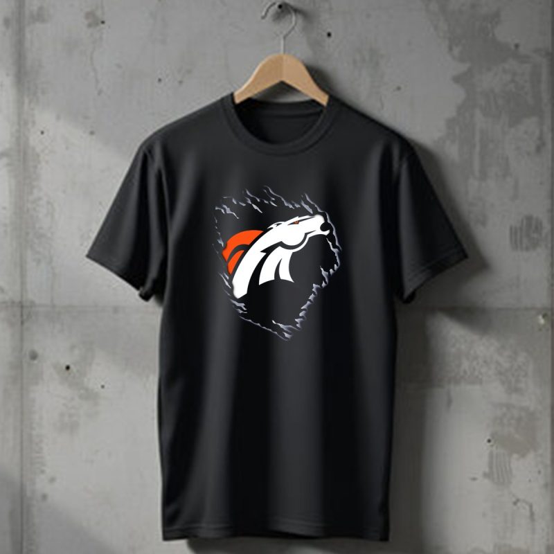 Denver Broncos Ripped Torn Logo Peeling Illusion Dark Blue T Shirt 1 T Shirt 1