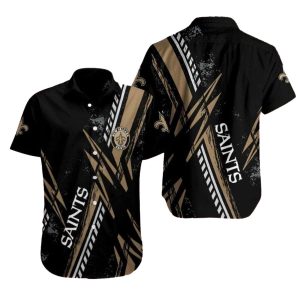 Dramatic Black Field New Orleans Saints Hawaiian Shirt With Gold Stripe Detail
