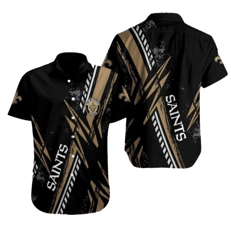 Dramatic Black Field New Orleans Saints Hawaiian Shirt With Gold Stripe Detail 1