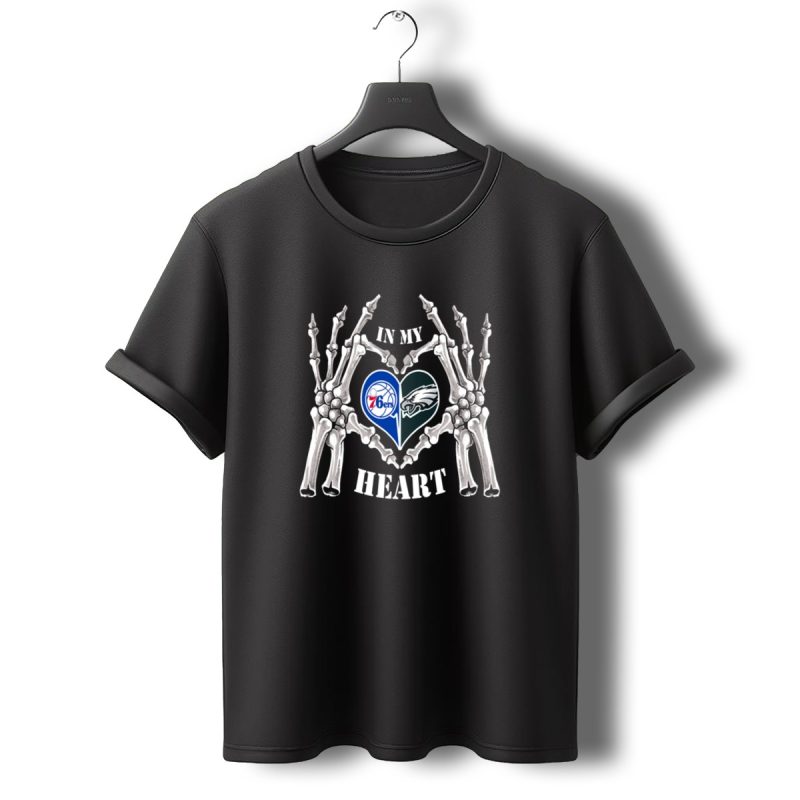 Eagles 76Ers Logos In Skeleton Heart Hands T Shirt T Shirt 0 1