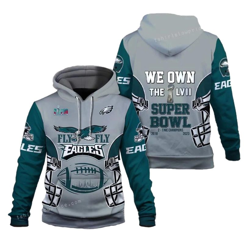 Fly Eagles Fly We Own The Lvii Super Bowl Philadelphia Eagles Super Bowl Champion 2023 3D Pullover Hoodie 1