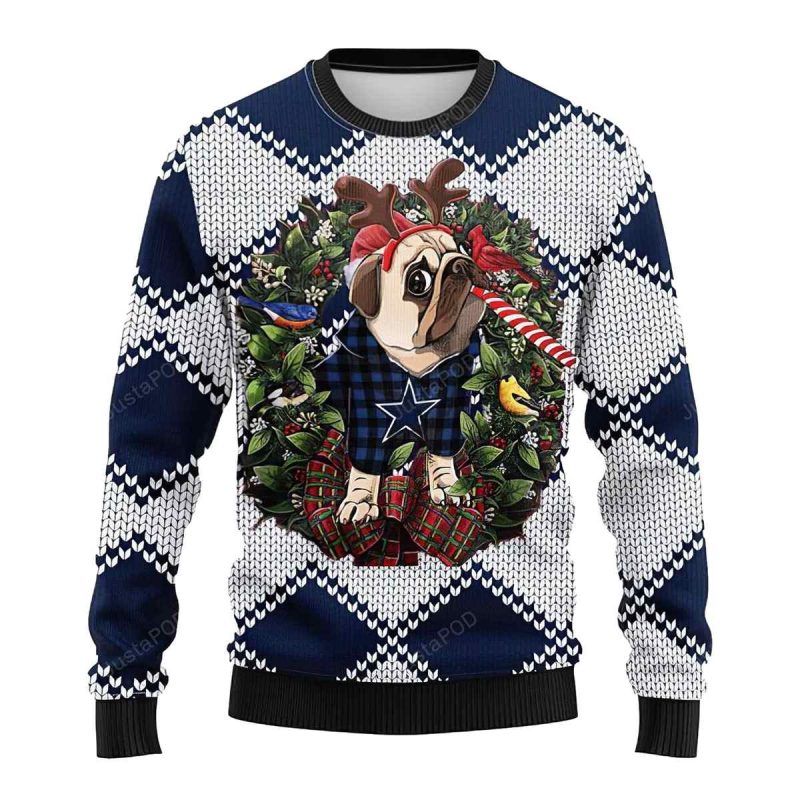 Funny Reindeer Pug Dog Dallas Cowboys Christmas Ugly Sweater 1