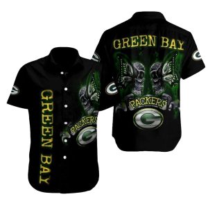 Ghoulish Green Bay Packers Tropical Skull Black Hawaiian Shirt