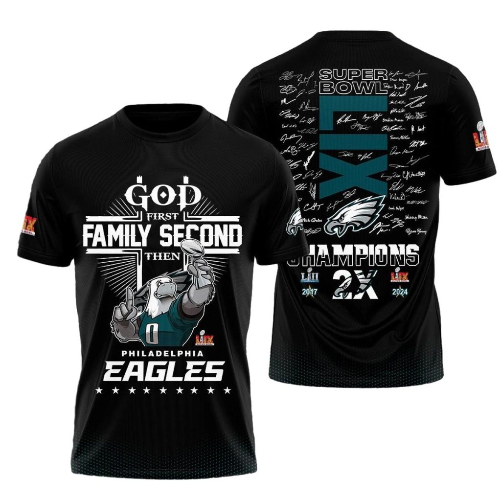 God First Family Second Then Philadelphia Eagles Signature Black Aop Tshirt