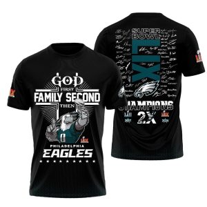 God First Family Second Then Philadelphia Eagles Signature Black AOP T-Shirt