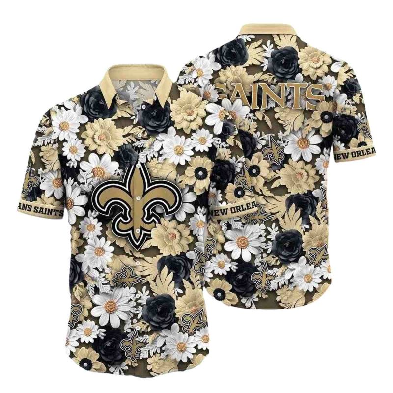 Gold And Black Floral New Orleans Saints Hawaiian Shirt 1