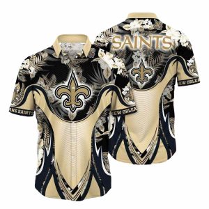 Golden Florals And New Orleans Saints Crest Hawaiian Shirt