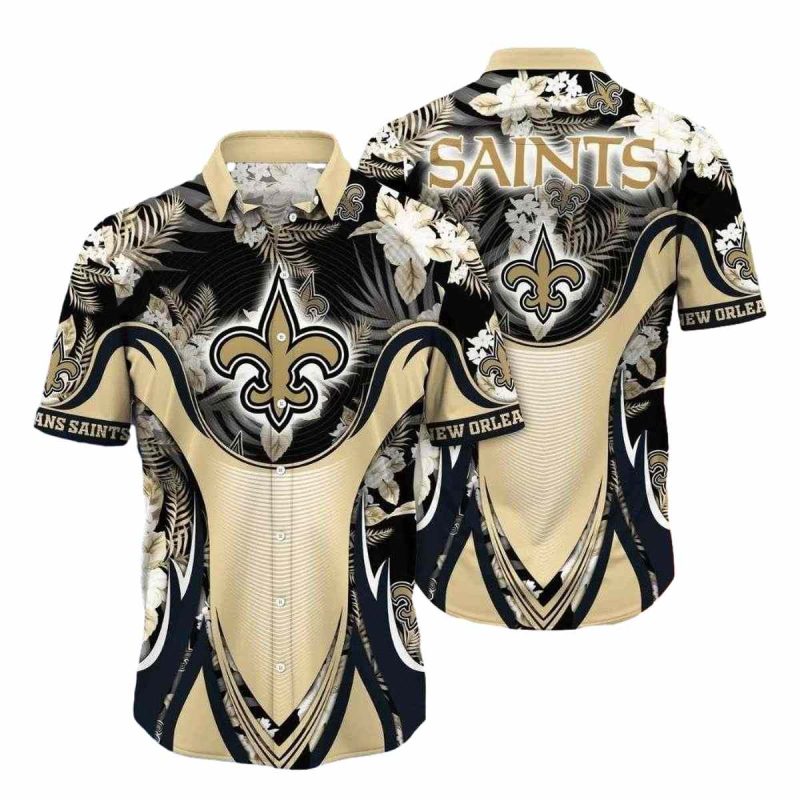Golden Florals And New Orleans Saints Crest Hawaiian Shirt 1