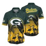 Golden Sunset Flamingos Green Bay Packers Beach Hawaiian Shirt