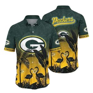 Golden Sunset Flamingos Green Bay Packers Beach Hawaiian Shirt