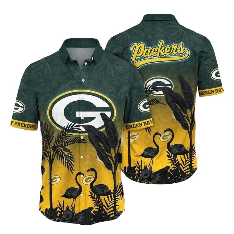 Golden Sunset Flamingos Green Bay Packers Beach Hawaiian Shirt 1