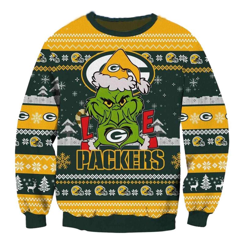 Green Bay Packers And The Grinch For Merry Christmas 2024 With Love Ugly Sweater 1