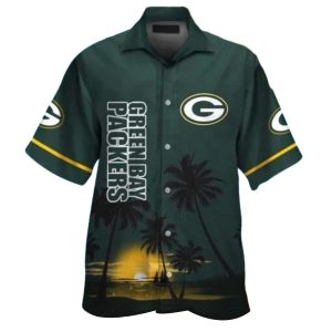 Green Bay Packers Black Palm Tree Sunset Hawaiian Shirt