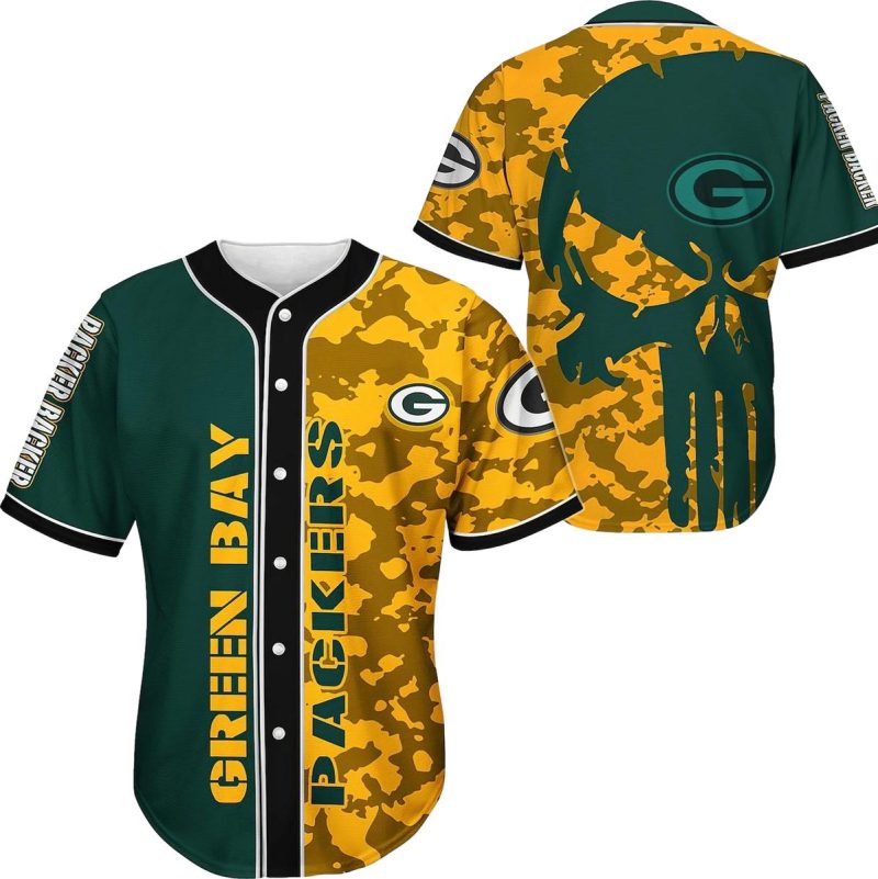 Green Bay Packers Camo Punisher Skull Baseball Jersey 1