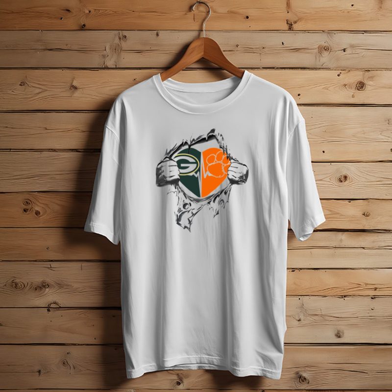 Green Bay Packers Clemson Tigers Heartbeat Logo Combination T Shirt T Shirt 1 1