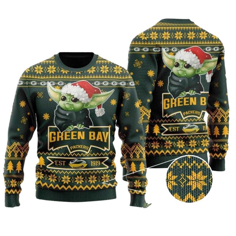 Green Bay Packers Cute Baby Yoda Grogu Ugly Sweater 1