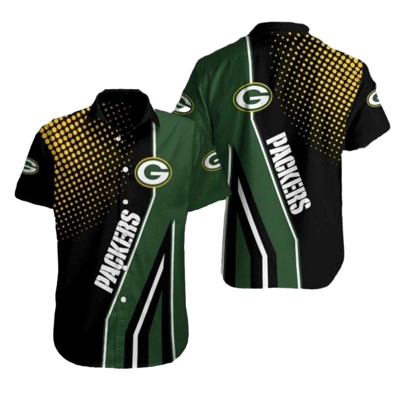 Green Bay Packers Fanatic Fade Black And Yellow Halftone Hawaiian Shirt