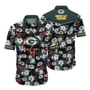 Green Bay Packers Flag Skull Floral Pattern Hawaiian Shirt