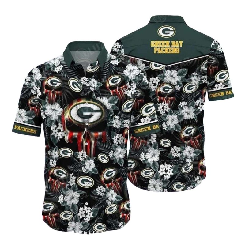 Green Bay Packers Flag Skull Floral Pattern Hawaiian Shirt 1