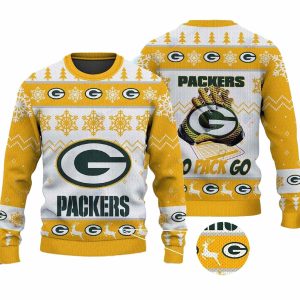 Green Bay Packers Go Pack Go Christmas White And Yellow Ugly Sweater