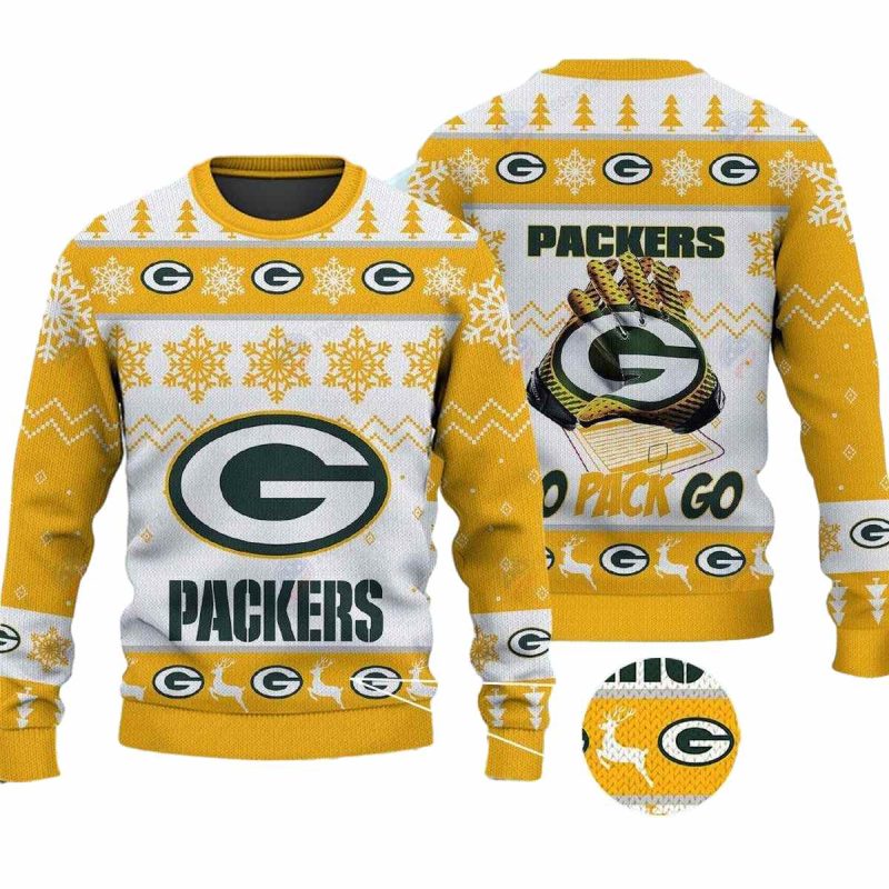 Green Bay Packers Go Pack Go Christmas White And Yellow Ugly Sweater 1