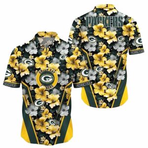 Green Bay Packers Gold And Grey Floral Hibiscus Hawaiian Shirt