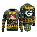 Green Bay Packers Golden Skull Santa Hat And Logo Christmas Ugly Sweater