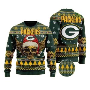Green Bay Packers Golden Skull Santa Hat And Logo Christmas Ugly Sweater