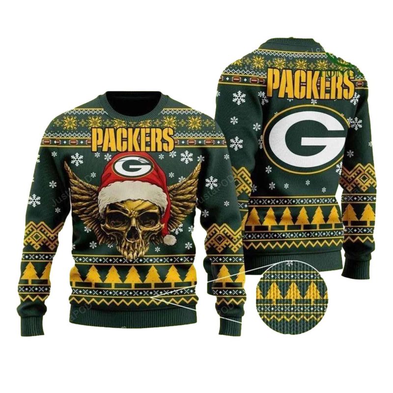Green Bay Packers Golden Skull Santa Hat And Logo Christmas Ugly Sweater 1