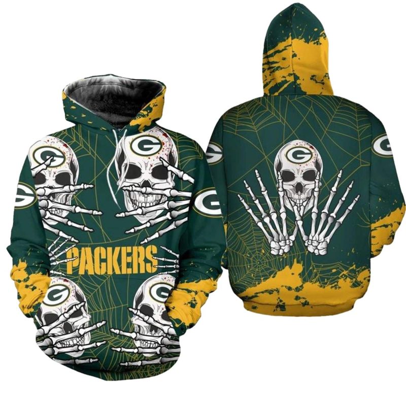 Green Bay Packers Hand Skull For Halloween Aop Hoodie 1