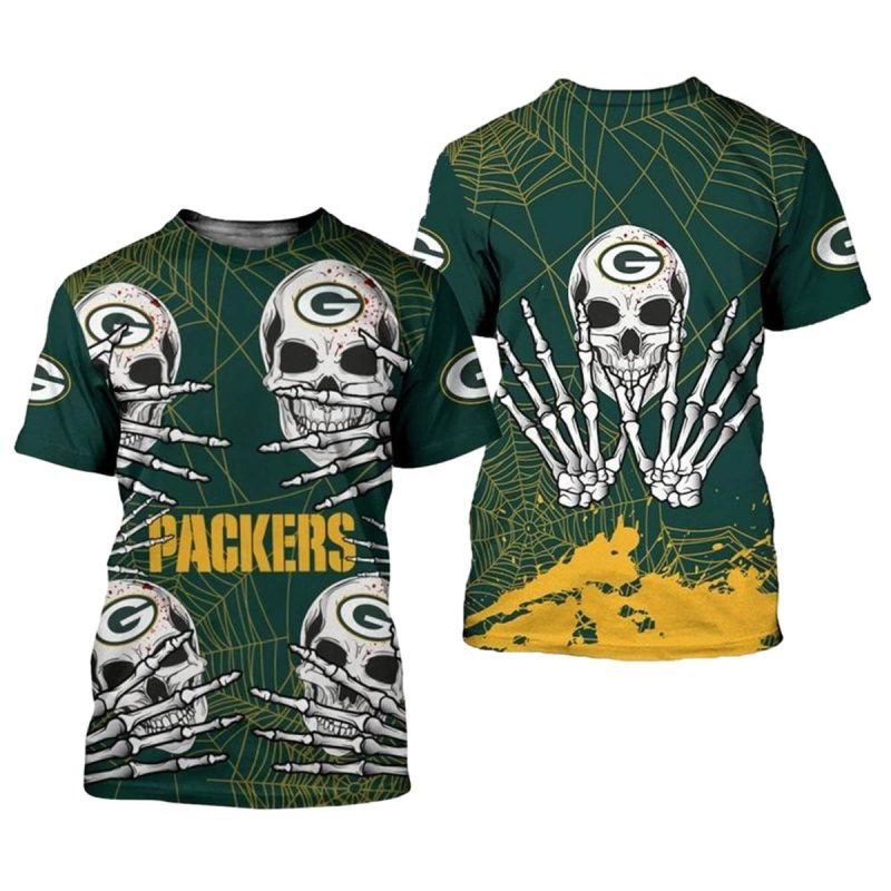 Green Bay Packers Hand Skull For Halloween Graphic Aop T Shirt 1