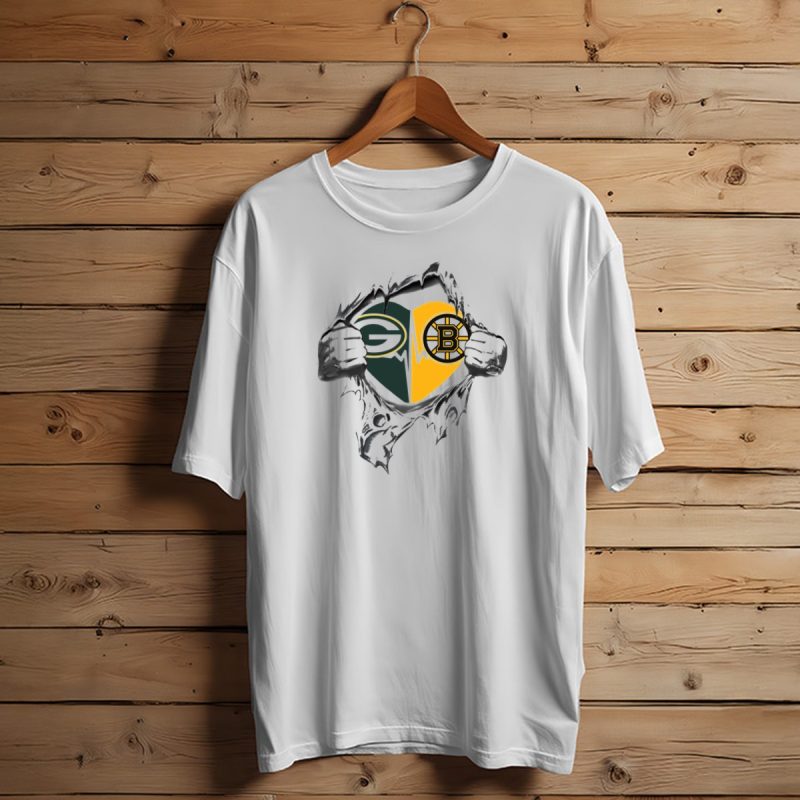 Green Bay Packers Heartbeat Boston Bruins Split Emblem T Shirt T Shirt 1 1