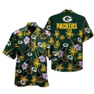 Green Bay Packers Hibiscus And Coconut Tree Floral Hawaiian Shirt