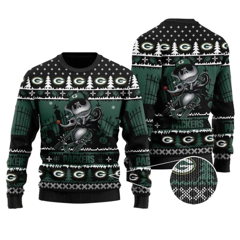 Green Bay Packers Jack Skellington Halloween Ugly Sweater 1