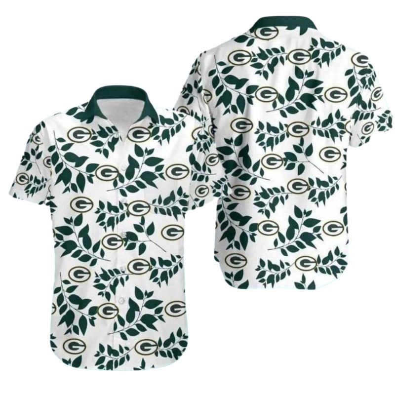 Green Bay Packers Leaf Pattern And Team Logo White Hawaiian Shirt 1