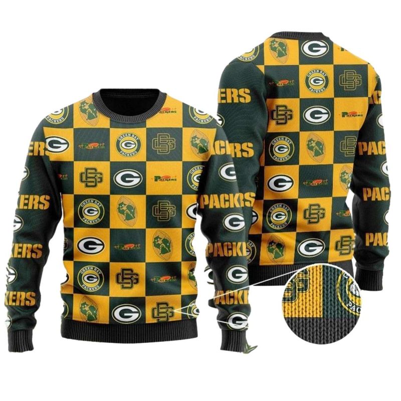 Green Bay Packers Logo Checkered Flannel Design Ugly Sweater 1