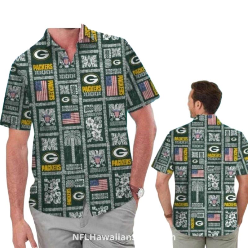 Green Bay Packers Logos And Flag Pattern Hawaiian Shirt 1