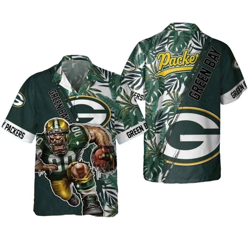 Green Bay Packers Mascot And Floral Pattern Hawaiian Shirt 1