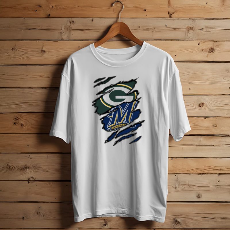 Green Bay Packers Milwaukee Brewers Logos Torn Claw Marks T Shirt T Shirt 1 1