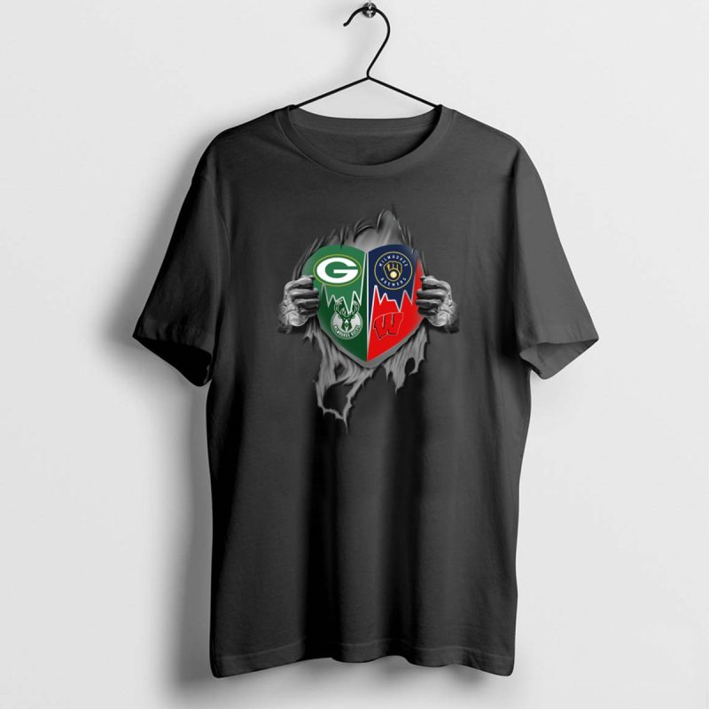 Green Bay Packers Milwaukee Brewers Milwaukee Bucks Wisconsin Badgers Heartbeat Ripped Shirt T Shirt 1 0