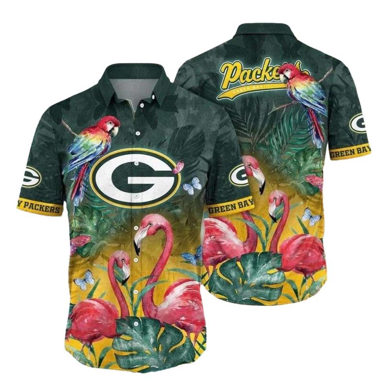 Green Bay Packers Parrot And Flamingo Hawaiian Shirt 1