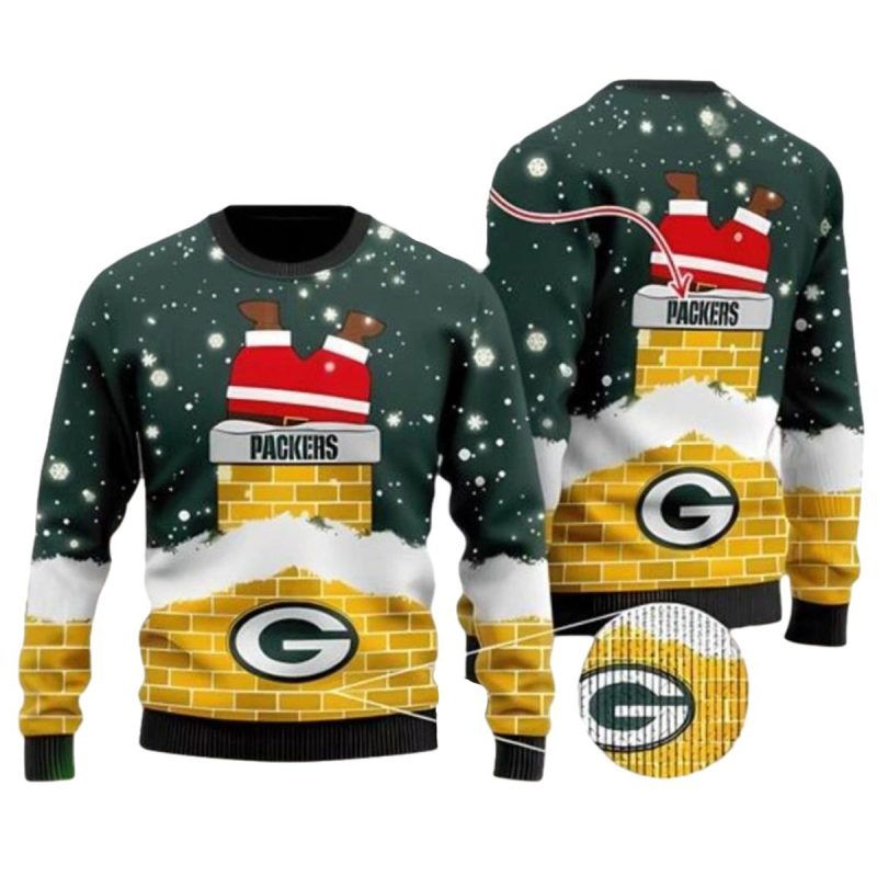 Green Bay Packers Santa Down The Chimney Ugly Sweater 1